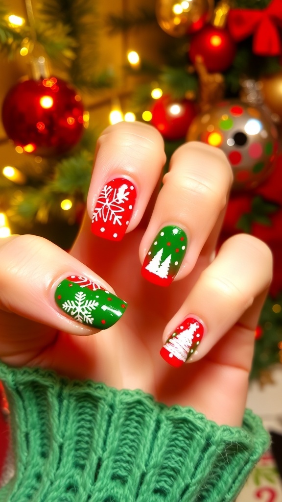 Festive Christmas nail art with red, green, and white designs including snowflakes and Christmas trees.